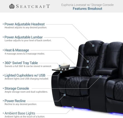 Vista 4 de Seatcraft Euphoria - Asiento de cine en casa de cuero italiano negro, reposacabezas eléctrico con calefacción y masaje, sofá biplaza reclinable