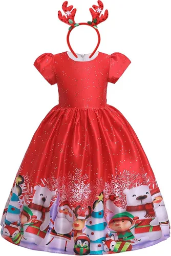 Vista 2 de Disfraz de fiesta de Navidad para niñas y niñas, con estampado de Papá Noel, princesa, cosplay, disfraz con diadema de reno