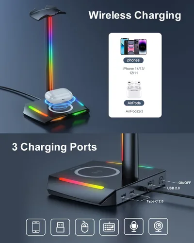 Vista 8 de New Bee Soporte para auriculares RGB con 2 puertos de carga USB-C y 1 USB