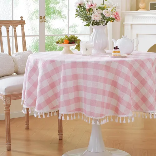Vista 25 de Laolitou Mantel redondo a cuadros verde, de lino y algodón, con borla, a cuadros de búfalo, lavable, mantel de gingham para sala de estar