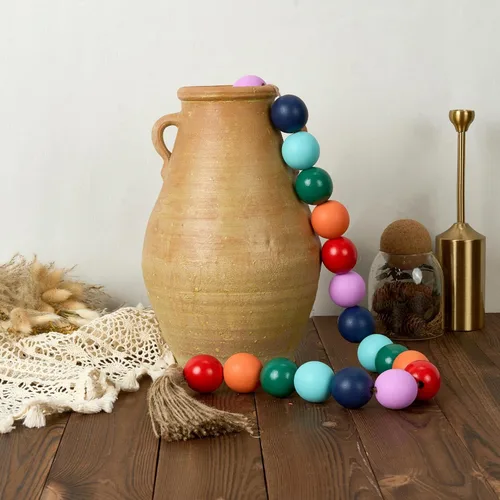 Vista 209 de OMISHE Guirnalda de cuentas de madera extra grande con cuentas de madera y borlas de 1.6 pulgadas de diámetro, cuentas decorativas rústicas de 41