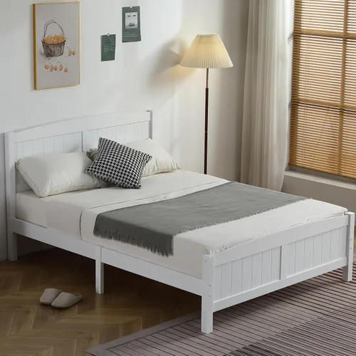 Vista 9 de Karl home Base de cama de madera tamaño matrimonial con cabecero, plataforma para dormitorio con estribo, soporte de 12 listones de madera, no Gris