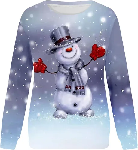 Vista 4 de UODSVP Camisetas de Navidad para mujer estilo casual de manga larga con estampado de cuello redondo sin botones para disfraz