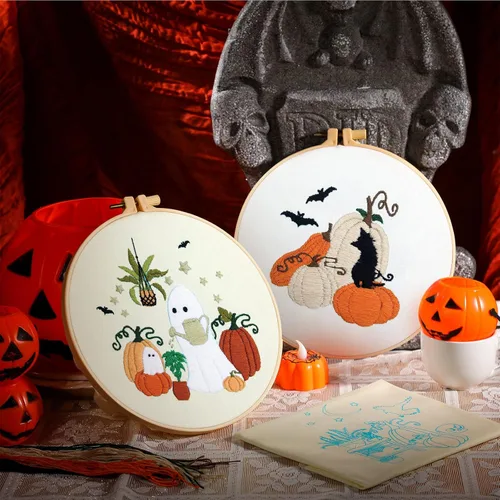 Vista 3 de Yuxung 5 juegos de bordado para principiantes, adultos, otoño, Acción de Gracias, bordado con patrón de hojas de arce y calabaza, kit de punto
