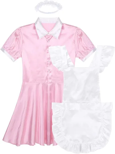Vista 4 de Winying 3 piezas para hombre Sissy French Maid Cosplay Costume Crossdress Turn-Down Collar Puff Sleeve Dress Outfits