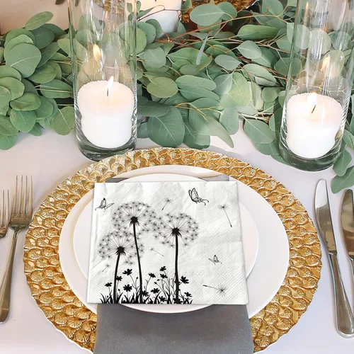 Vista 4 de AnyDesign Paquete de 100 servilletas de papel de diente de león, servilletas de almuerzo florales blancas y negras, desechables, decorativas