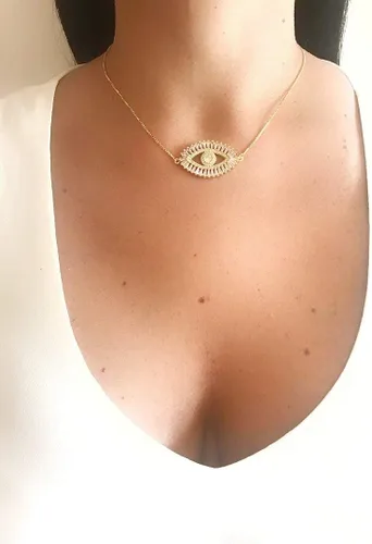 Vista 2 de LESLIE BOULES Collar de ojo malvado de oro chapado en oro de 18 quilates con cadena ajustable deslizante, Cristal