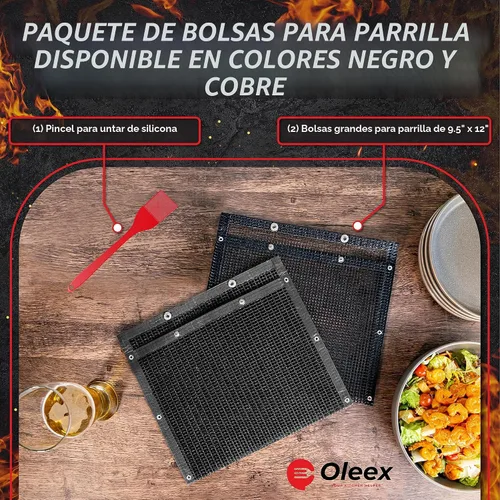 Vista 4 de Oleex - Bolsas antiadherentes grandes para barbacoa + cepillo para untar, malla de PTFE reutilizable para interiores y exteriores, accesorios