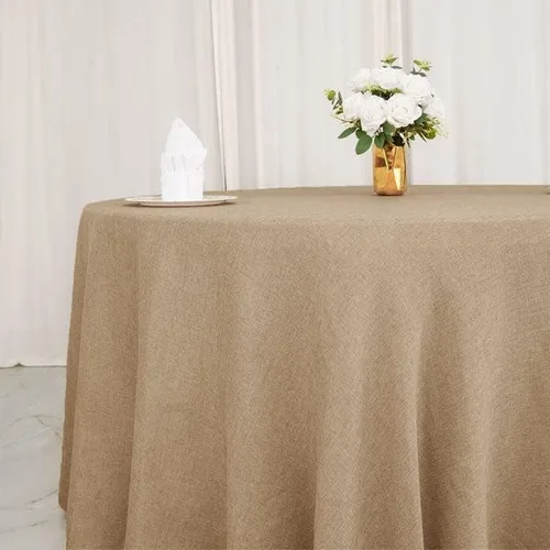 Vista 2 de Balsa Circle Mantel redondo natural de arpillera sintética de 108 pulgadas para bodas, recepciones, fiestas, eventos, catering