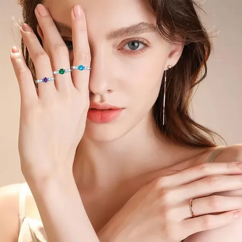 Vista 4 de Anillos clásicos de piedra natal para niñas y mujeres, tallas 1-10, circonita cúbica, acero inoxidable, anillo de cumpleaños, para madre, hija