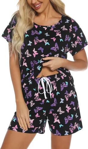 Vista 8 de ENJOYNIGHT - Conjunto de pantalones cortos de pijama para mujer, pijamas de algodón para verano, ropa de dormir con bolsillos Negro