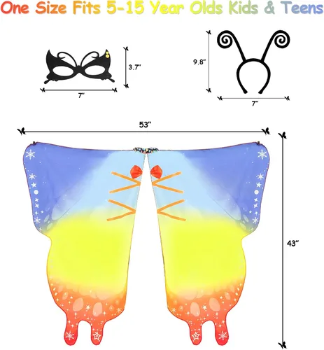 Vista 6 de Tibeha Disfraz de alas de mariposa para niñas capa de Halloween con máscara clips para la cabeza diadema de antena