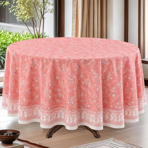 Vista 95 de Ridhi Mantel redondo estampado a mano color rosa flamenco 120 pulgadas 100%