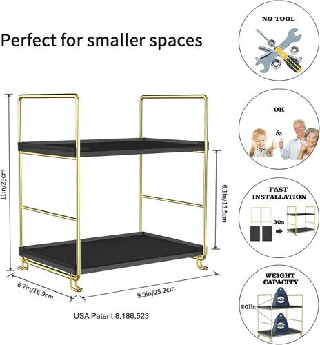 Vista 2 de Estante organizador de especias de 2 niveles para baño, estante de almacenamiento de encimera, estante de almacenamiento de cosméticos de pie negro