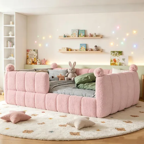 Vista 18 de Bellemave Cama Montessori tapizada de vellón de peluche de tamaño matrimonial con valla, marco de cama infantil de perfil bajo con barandillas