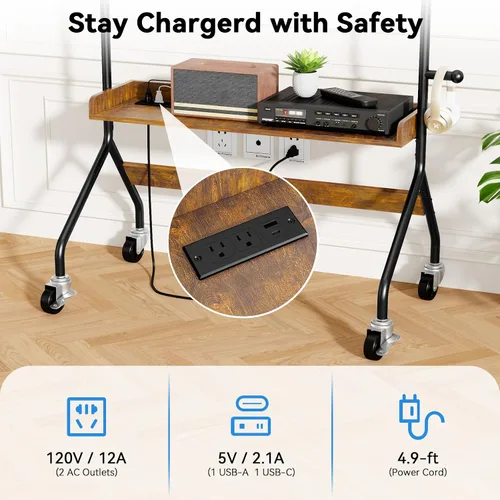 Vista 3 de Soporte de TV rodante con toma de corriente, carrito de TV móvil para pantalla de TV de 32 a 75 pulgadas de hasta 110 libras, soporte de TV portátil