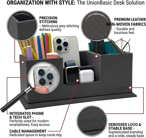 Vista 2 de UnionBasic - Organizador de escritorio de cuero sintético con 4 compartimentos, para tarjetas, bolígrafos, lápices, teléfonos celulares, suministros