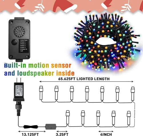 Vista 8 de PEIDUO Luces de Navidad con Música, Controlador de Sensor de Movimiento por Infrarrojos con 6 Modos, Resistente al Agua para Decoración de Fiestas