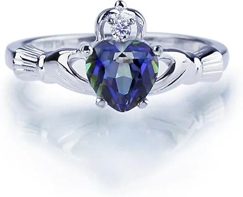 Vista 4 de Anillo Claddagh de plata de ley con topacio místico y circonita cúbica, 0.354in (tamaño 3 a 13)