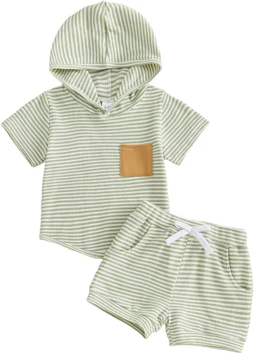 Vista 9 de MERSARIPHY Ropa para bebé niño de 6, 12, 18 meses, 2T 3T, traje de verano, punto gofre, a rayas, informal, camiseta y pantalones cortos