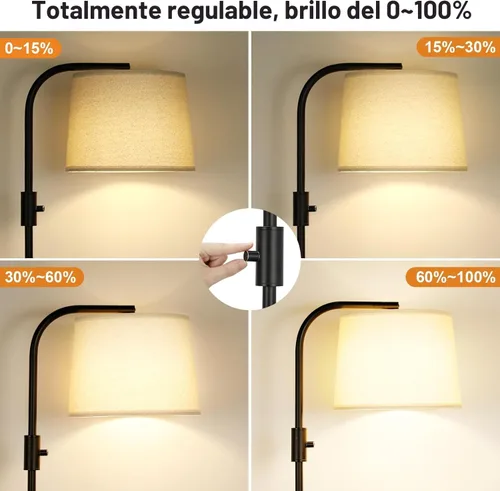 Vista 4 de Ambimall - Lámpara de pie de arco para sala de estar con interruptor giratorio, pantalla de lino Regulable, cabeza ajustable, bombilla LED de 9 W