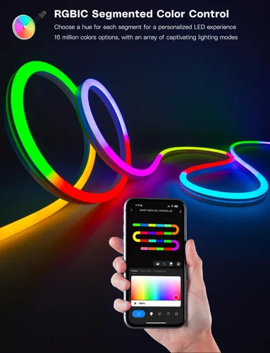 Vista 3 de Tira de luz LED de neón RGB de 16.4 pies que cambia de color, aplicación + control remoto, iluminación de diseño impermeable personalizable