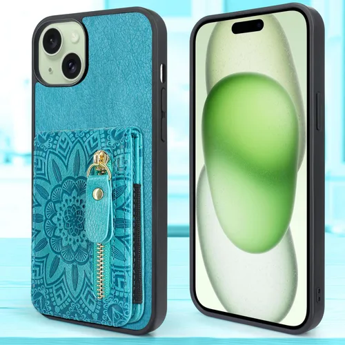 Vista 2 de Funda compatible con iPhone 15 Plus con ranuras elásticas para tarjetas, bolsillo con cremallera, soporte magnético a presión para iPhone 15 Plus 14