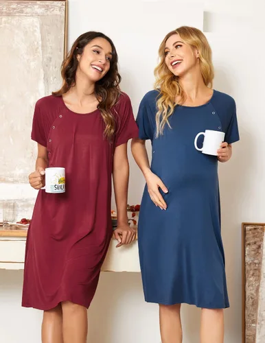 Vista 4 de Ekouaer - Camisón con botones y manga corta para mujer, vestido para lactancia, parto, hospital y maternidad, tallas S-XXL