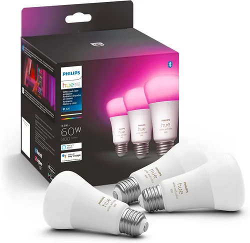 Vista 2 de Philips Hue Bombilla inteligente LED A19 E26 de color blanco y color, Bluetooth y Zigbee y White & Color Ambiance BR30 bombillas inteligentes, 16