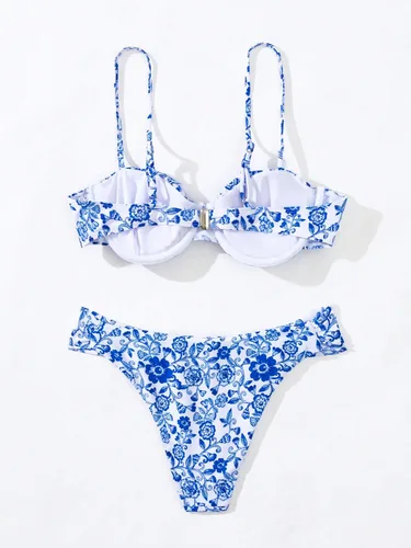Vista 5 de WDIRARA Traje de baño de 2 piezas con estampado floral para mujer, sin mangas, brasier con aros y corte alto