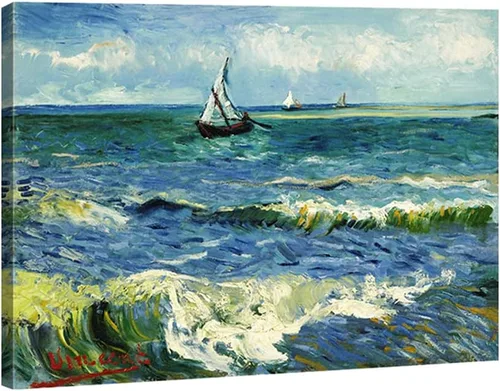 Vista 12 de Wieco Art Arte enmarcado negro paisaje marino en Saintes Maries por Vincent Van Gogh pinturas al óleo Reproducción modernas impresiones en lienzo