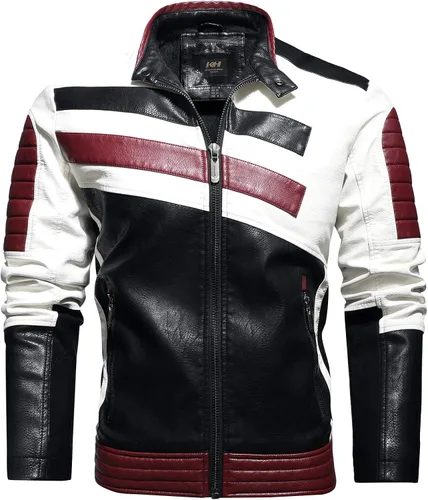 Vista 8 de Traje de carreras de motocicleta de cuero de motocicleta de cuello alto para hombre, chaqueta de cuero de simulación de PU de bloqueo
