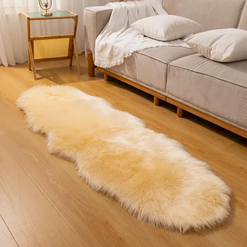 Vista 7 de Alfombra de piel sintética de 2 x 6 pies, color beige, lavable a máquina, súper suave, esponjosa, alfombra de piel de oveja mullida para dormitorio