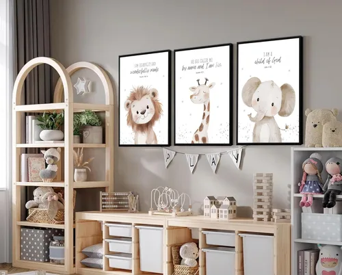 Vista 4 de Arte de pared enmarcado para guardería con versículo bíblico de animales en lienzo, arte de pared divertido y lindo de animales de safari, pintura