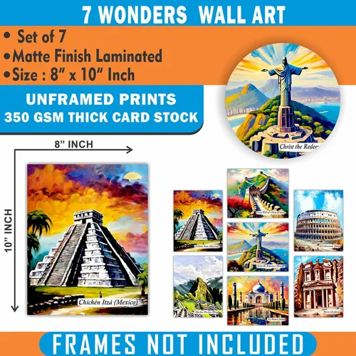 Vista 2 de Decoración de pared de las Siete Maravillas del Mundo, juego de 7 famosos carteles de ciudad de viaje, impresiones de 8 x 10 pulgadas, sin marco