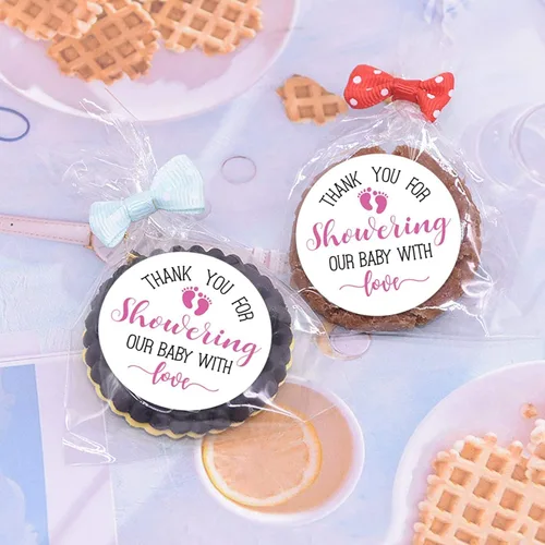 Vista 5 de 50 calcomanías rosadas para baby shower, con texto en inglés "Thank You for Showering Our Baby with Love", regalos de baby shower para niñas