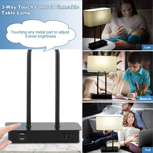 Vista 2 de Lámpara de mesa con control táctil y puertos de carga USB duales, 1 salida de CA, lámpara de mesita de noche moderna regulable de 3 vías con Crema