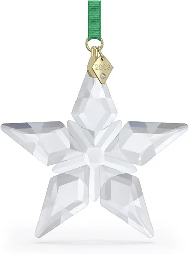 Vista 2 de SWAROVSKI Adorno de edición anual 2023, estrella de cristal transparente con 97 facetas, etiqueta acabada en tono dorado, parte de la colección