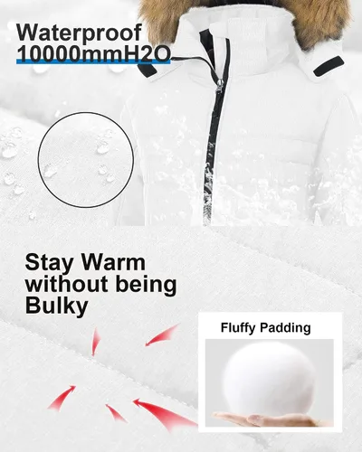 Vista 4 de Pursky Chaqueta de esquí impermeable para mujer, abrigo de nieve acolchado de invierno, abrigo de piel con capucha