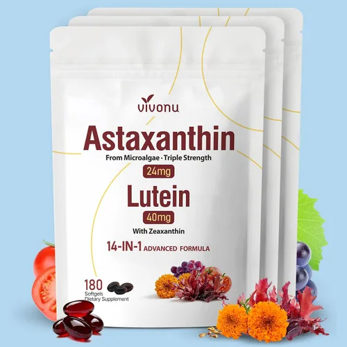 Vista 11 de Astaxantina 14 en 1 12 mg y luteína 40 mg con suplementos de zeaxantina, suministro para 6 meses, fuente de microalgas frescas, apoya los ojos