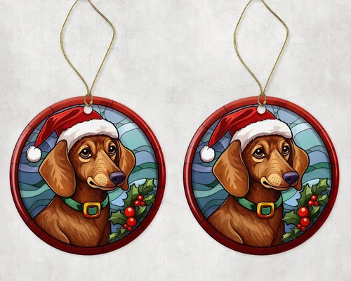 Vista 3 de Dachshund - Adorno de cerámica de vitral de Navidad, adorno colgante para árbol de Navidad, adorno de vitral de perro, adorno religioso