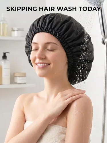 Vista 7 de Aquior Gorro de ducha para mujer, extra ajustable, doble capa, impermeable, reutilizable, gorra de pelo de tamaño grande para todo el cabello