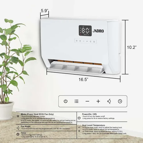 Vista 6 de Calentador de espacio montado en la pared con termostato ECO y control remoto, pantalla LED, modos de oscilación de 60°/90°/120°, temporizador de 24