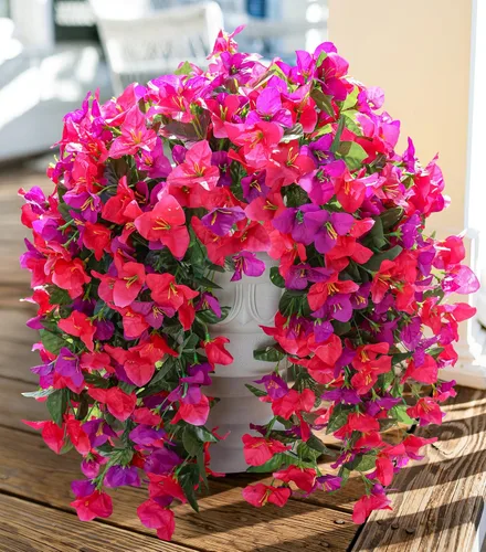 Vista 19 de Flores artificiales de Bouganville falsas para decoración al aire libre, 2 piezas de flores falsas de seda con vides largas colgantes resistentes a
