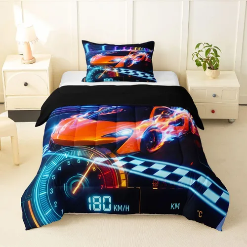 Vista 31 de Feelyou Juego de edredón de coche de carreras, tamaño individual, juego de ropa de cama de coche deportivo de velocidad para niños y niñas, edredón