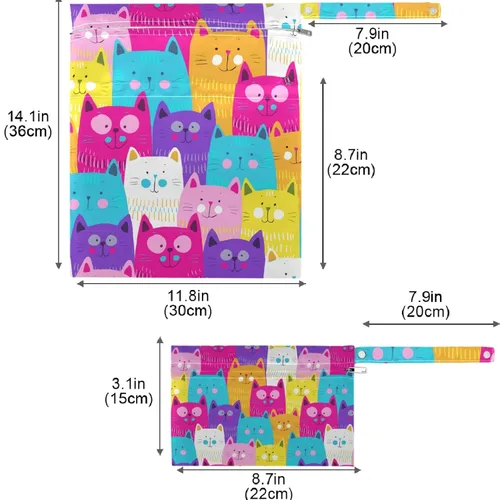 Vista 7 de visesunny Colorido gato - 2 bolsas húmedas con bolsillos con cremallera, lavable, reutilizable, espaciosa para viajes, playa, piscina, guardería