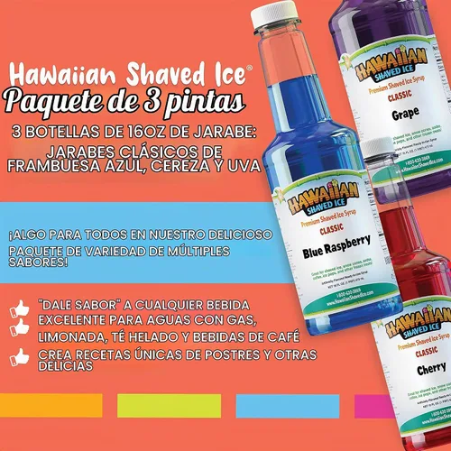 Vista 2 de Hawaiian Shaved Ice Paquete de 3 sabores de jarabes para conos de hielo granizado, 3 pintas