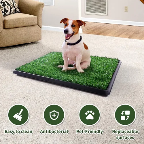 Vista 5 de Almohadilla de césped para perros con bandeja, 25 x 20 pulgadas para interior de césped artificial Puppy Potty Training, Portable Dog Toilet Pet