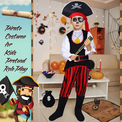 Vista 6 de Disfraz de pirata para niños juego de rol vestido pirata suministros de fiesta de cumpleaños accesorios para niños fiesta y niños