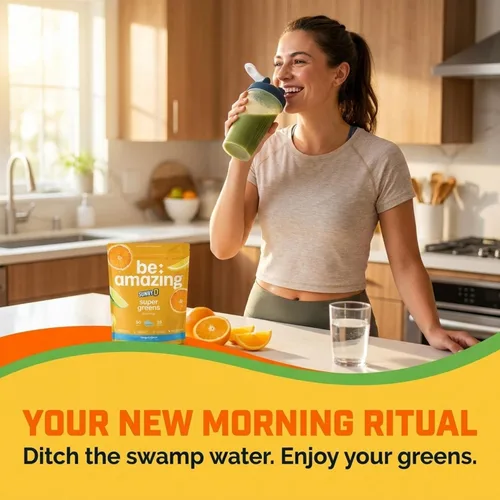 Vista 6 de BE AMAZING Super Greens Polvo con prebióticos, enzimas digestivas y antioxidantes, 35 frutas y verduras, electrolitos y fibra, vegano, mezcla